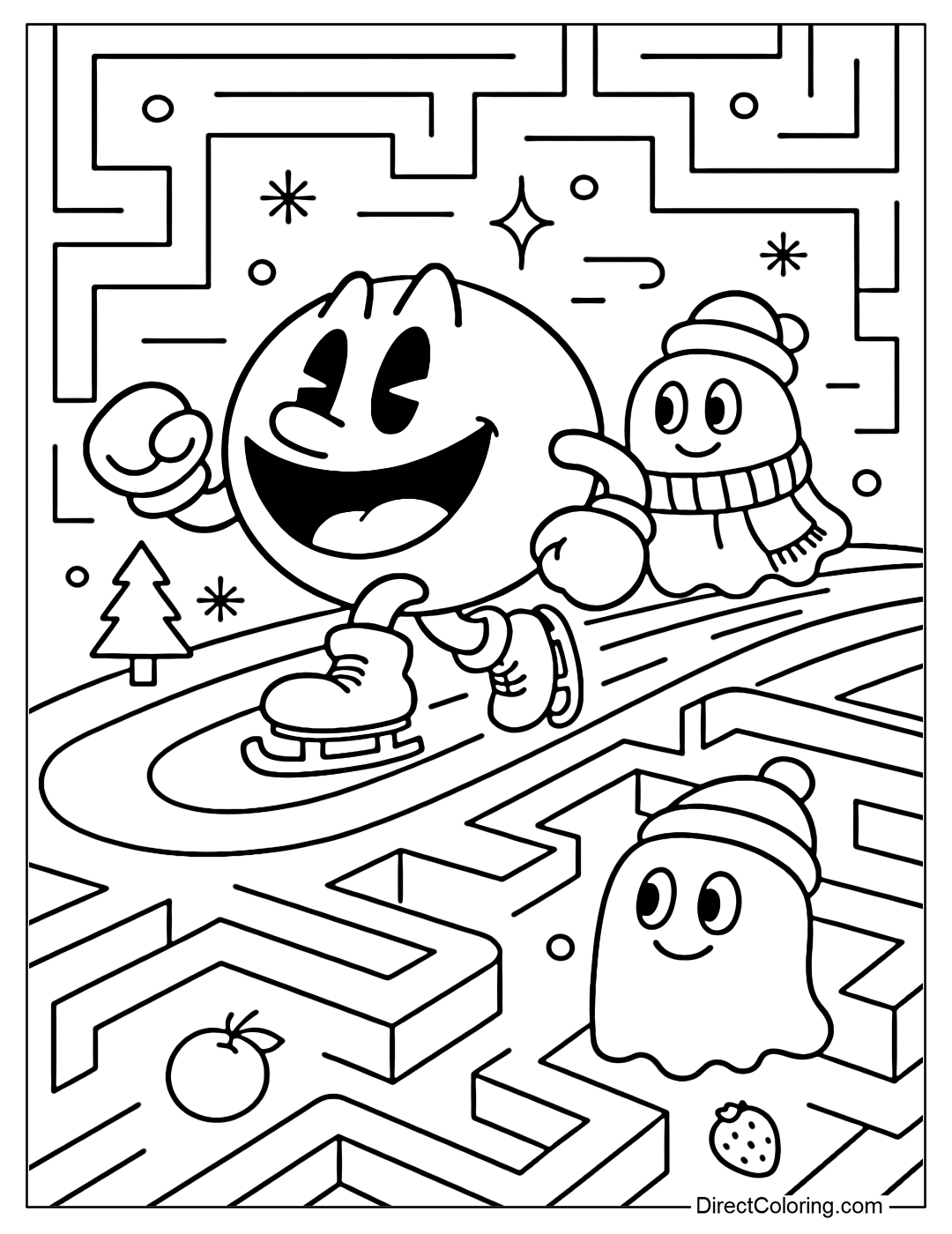 Pac-Man Coloring Page wearing ice skates, the background is an ice maze with a mini pine tree, a lovely warm-clothed ghost.