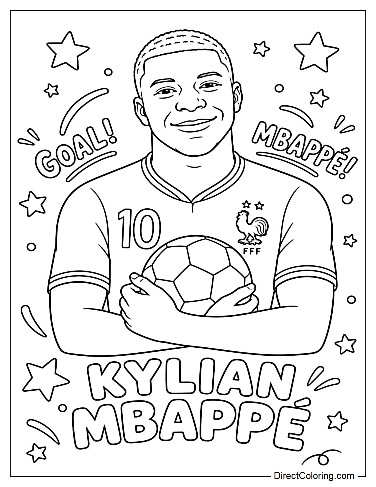 Kylian Mbappé is half-body, smiling friendly, holding a ball to his chest, with the words 