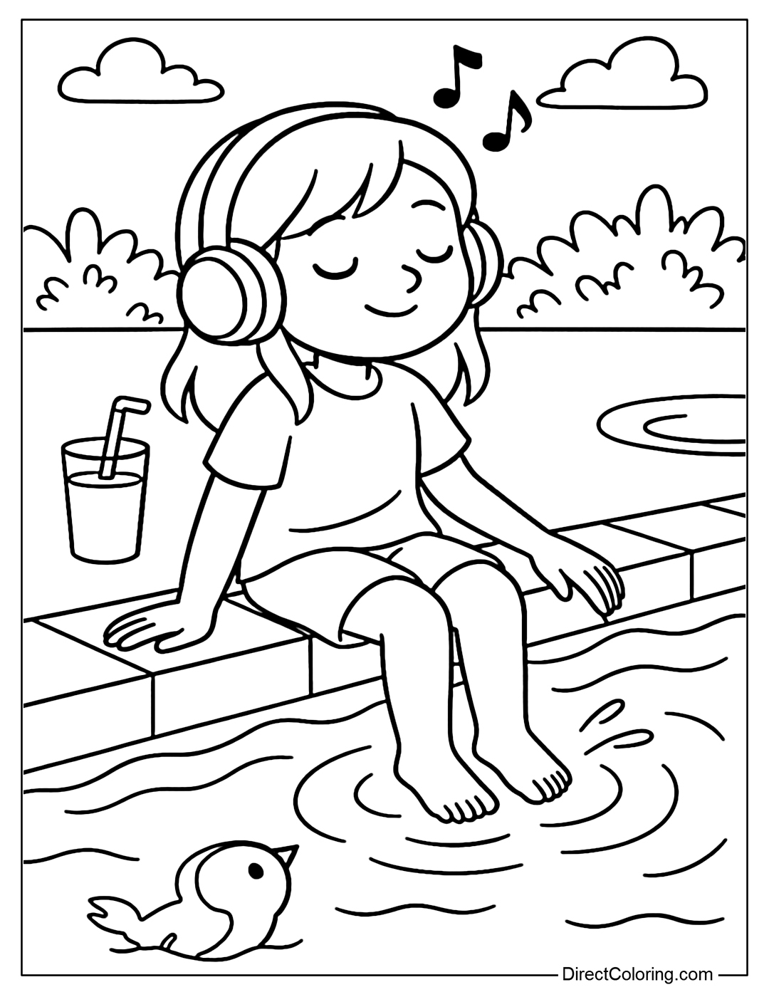 Coloring page of a child sitting with headphones listening to chill music by the pool, hands lightly playing with water.