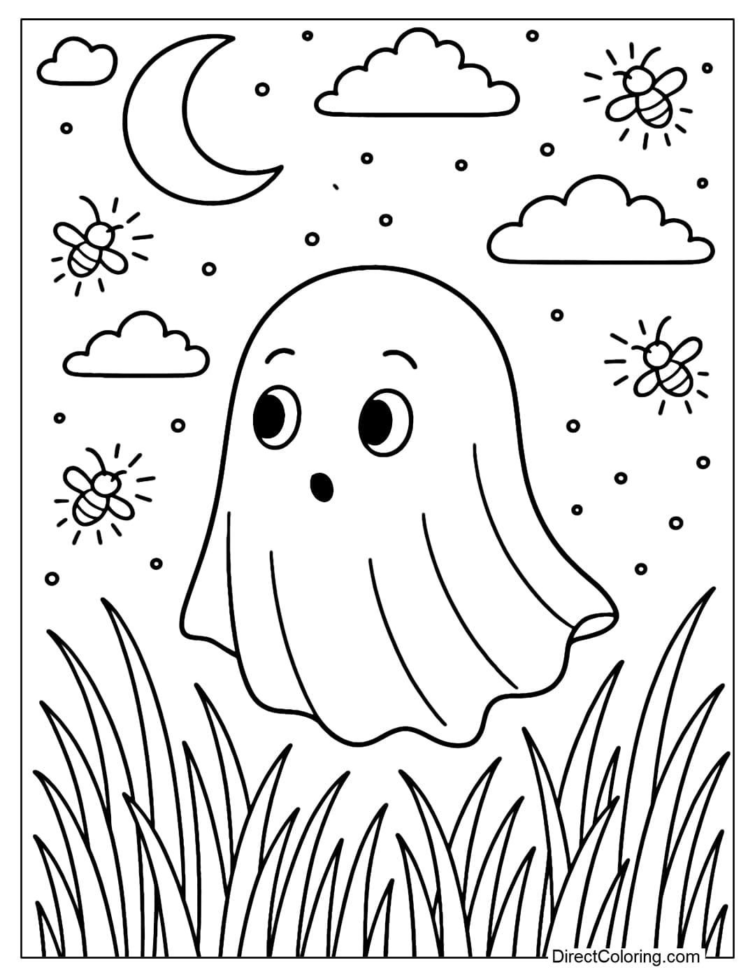 A ghost coloring page in the field at night, surrounded by glowing fireflies, evoking a magical feeling.