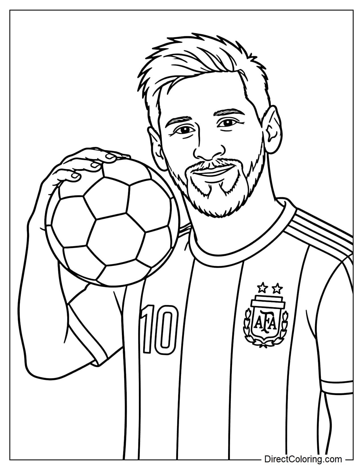 Lionel Messi in a half-body portrait pose, his hand resting lightly on a soccer ball on his shoulder.