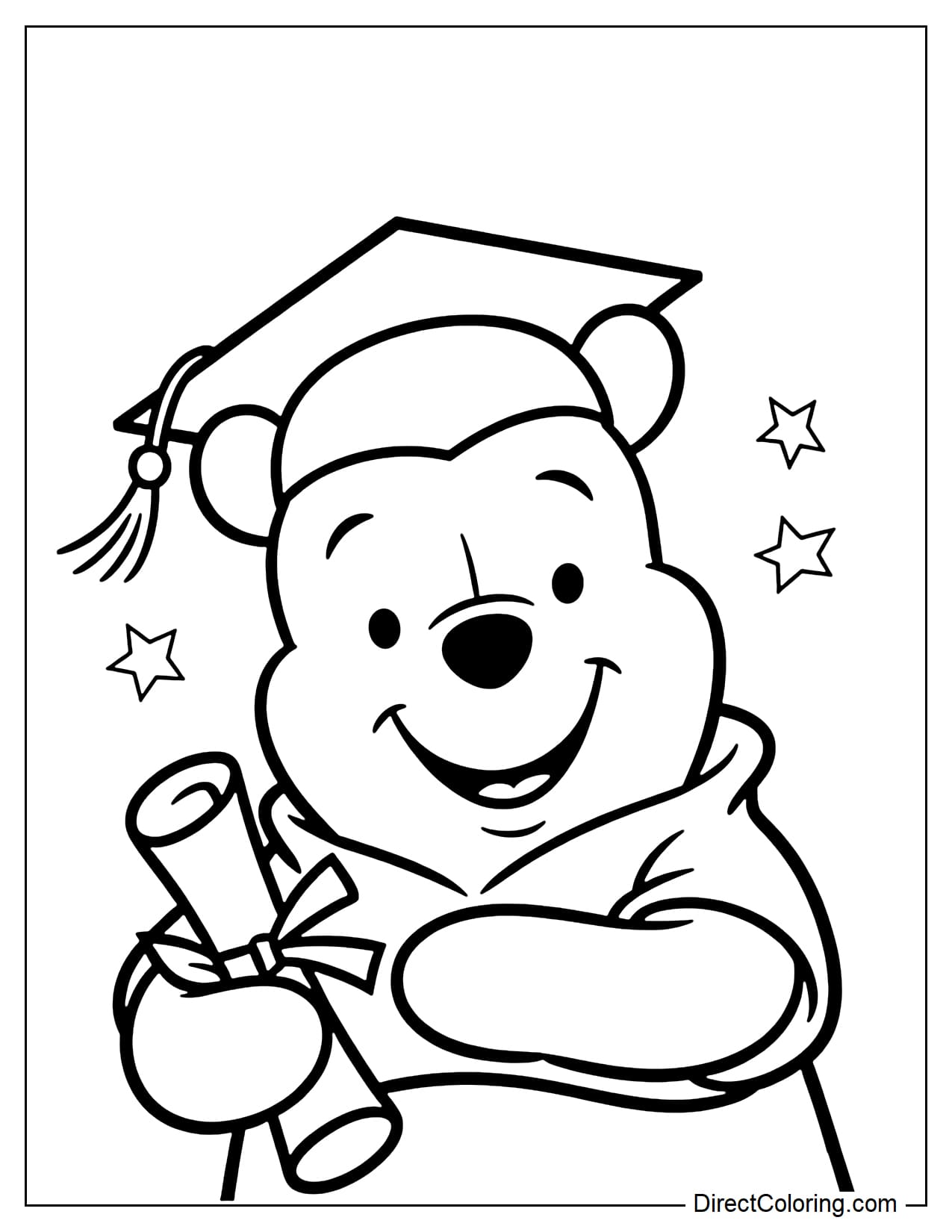 Winnie the Pooh is wearing a graduation cap and holding her graduation certificate, with a happy and proud expression on her face.