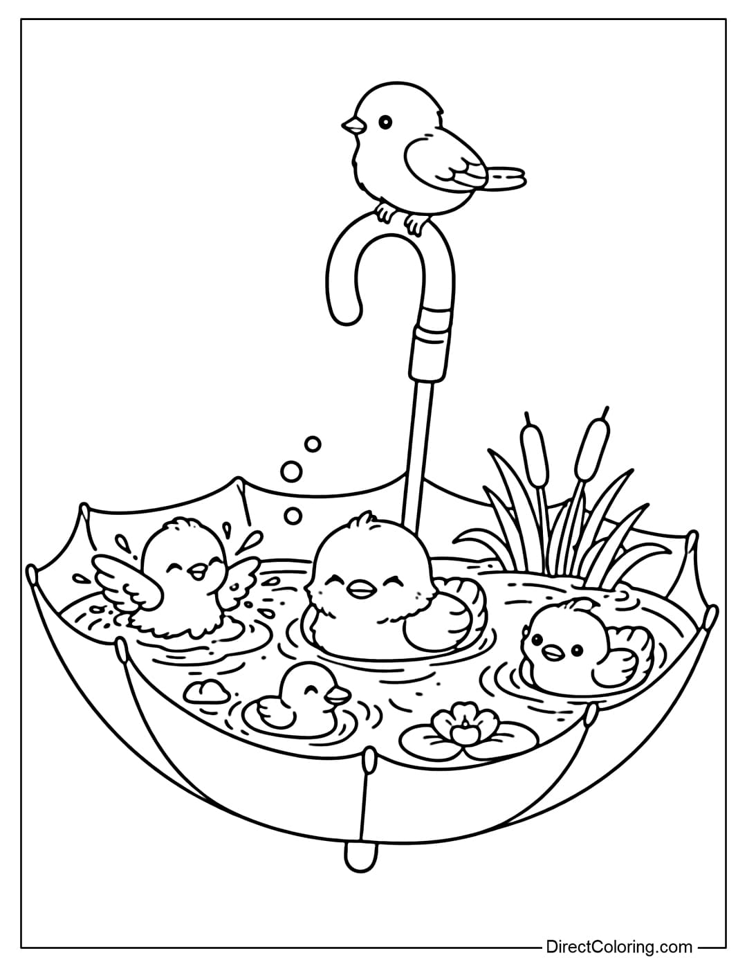 A coloring page featuring an umbrella held upside down like a small pond, with several adorable birds bathing and swimming inside, one bird perched on the umbrella handle.