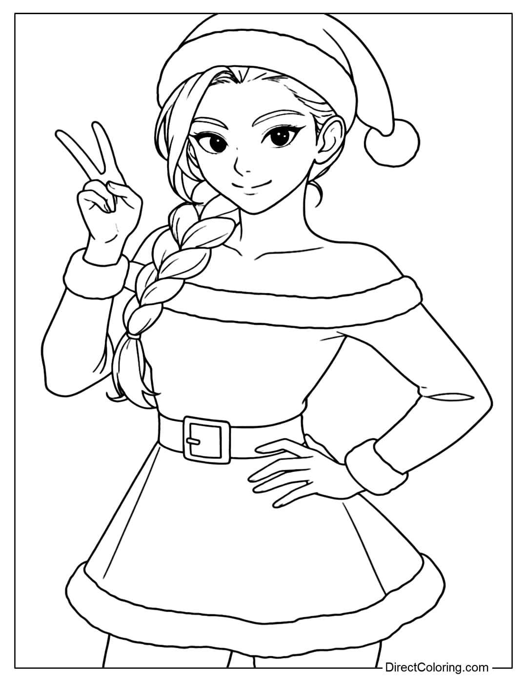 Rumi coloring page wearing a Santa hat, side braids, Christmas dress and smiling cutely, raising her hand to make a V sign.