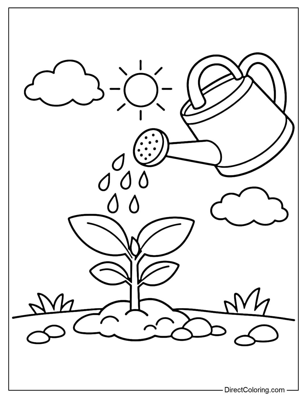 A coloring page of a watering can and growing seedlings.