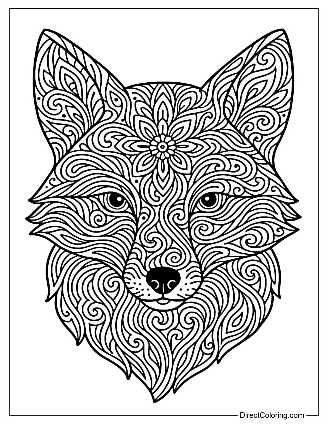 Front view fox head coloring page, covered with zentangle motifs (flowers, waves, curves), clear black lines, white background.