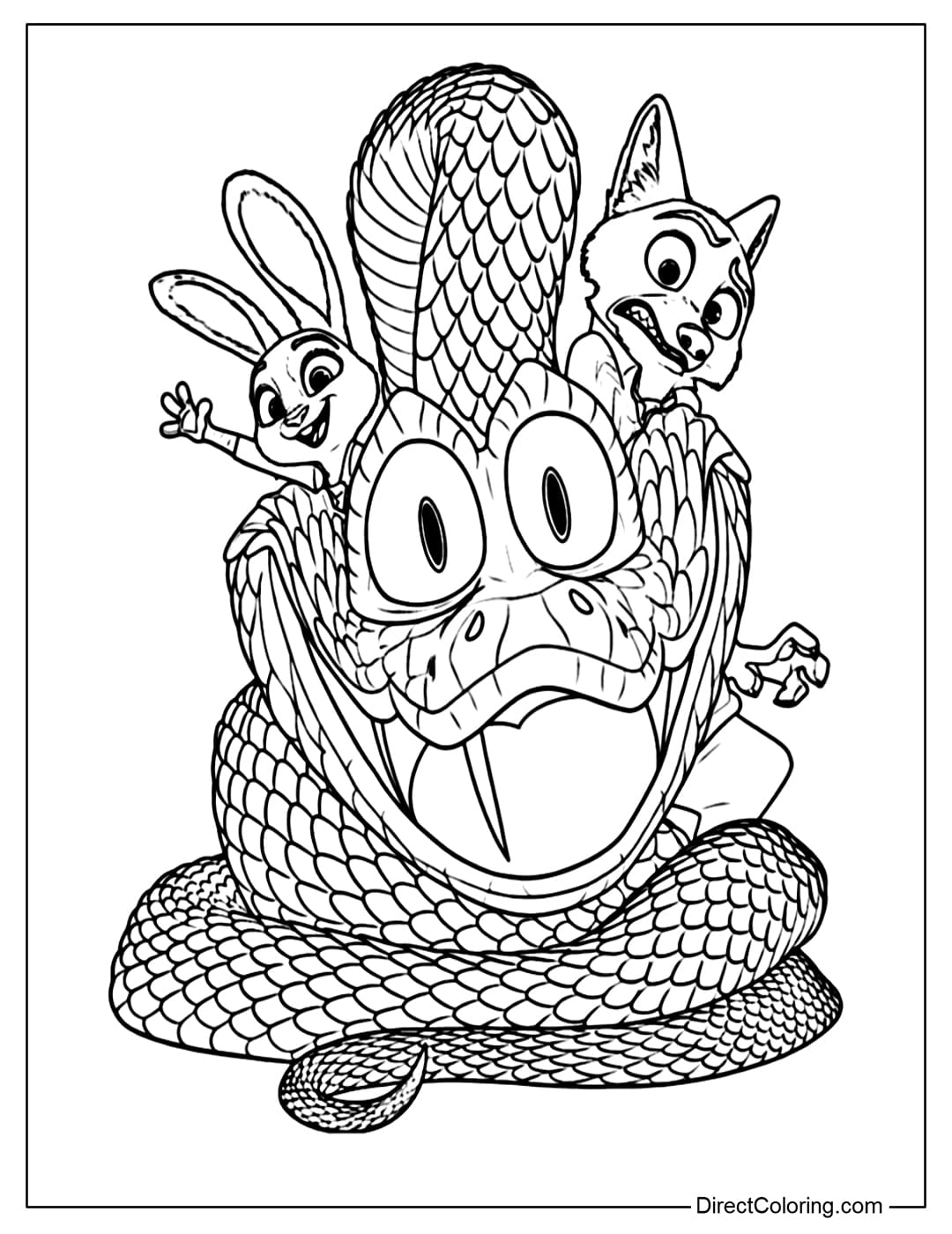 A Zootopia 2 coloring page featuring Gary with a funny expression, with Nick and Judy on his back, looking excited and worried.