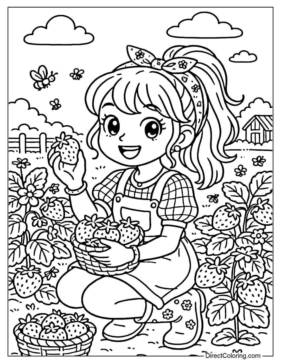 Coloring page of a farm girl picking ripe red strawberries, small bees flying around.