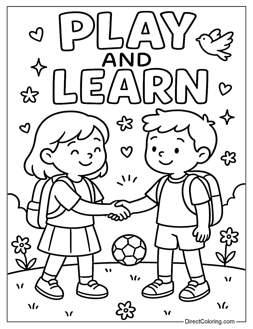 Coloring page of two children holding hands in the school yard, surrounded by balls, flowers and birds flying around.