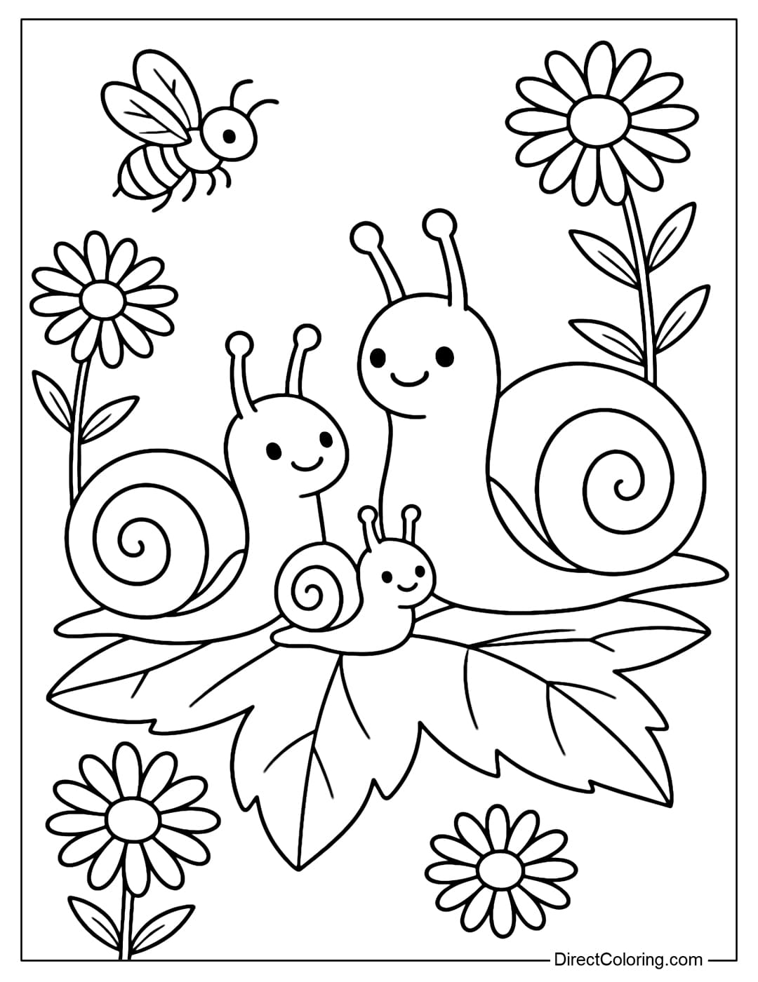 Coloring Page A snail family including a father, mother, and baby crawling together on a big leaf, surrounded by daisies and flying bees.