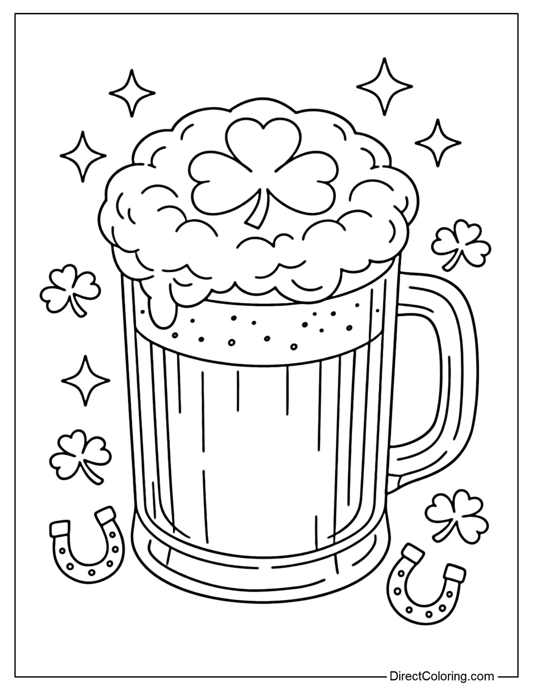 A coloring page of a large St Patrick's Day beer mug with shamrocks and stars on top of the foam.