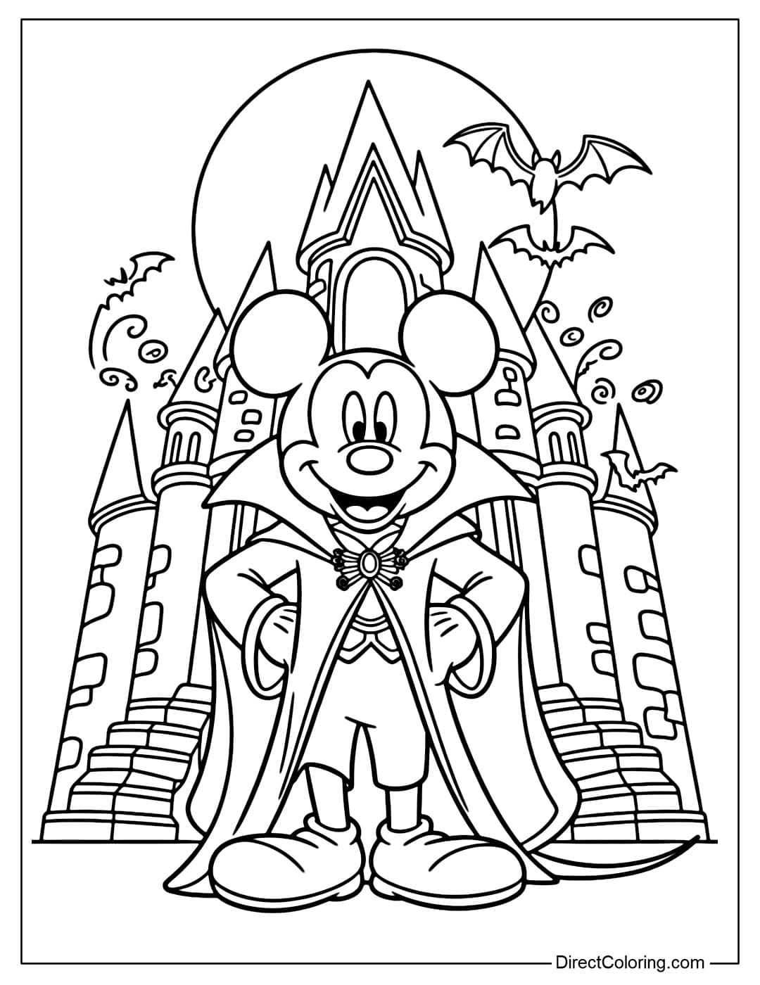 Mickey vampire coloring page in a luxurious vampire robe, standing in front of an ancient castle with a magical moonlight.