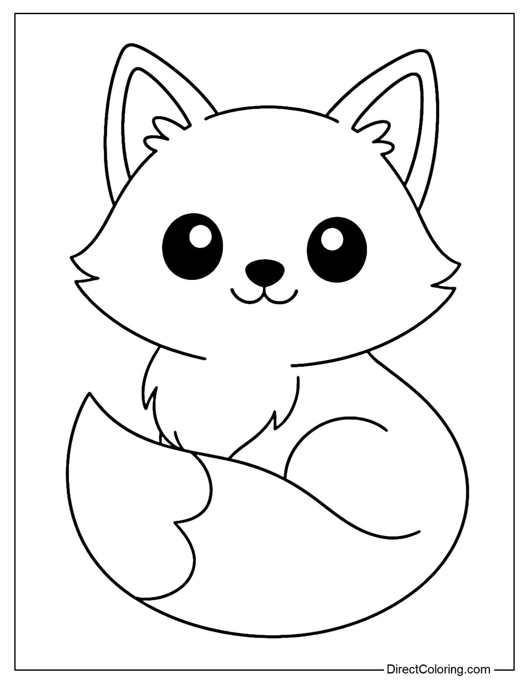 Coloring page of a chubby little fox with big, sparkling eyes, sitting with its tail curled around its body.