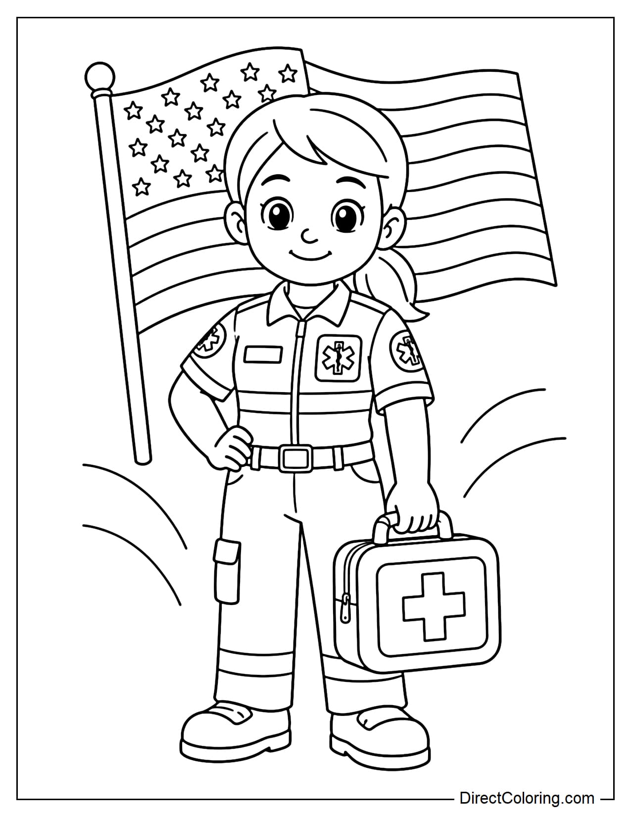 A cute paramedic is standing and holding a medical bag, with a small American flag in the background.