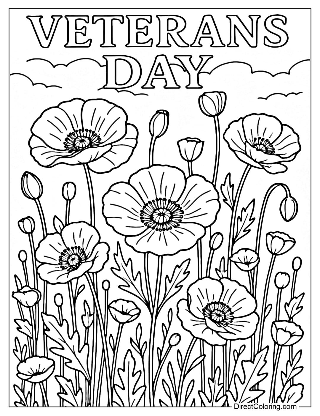 Coloring page of red poppies - a symbol of remembrance.