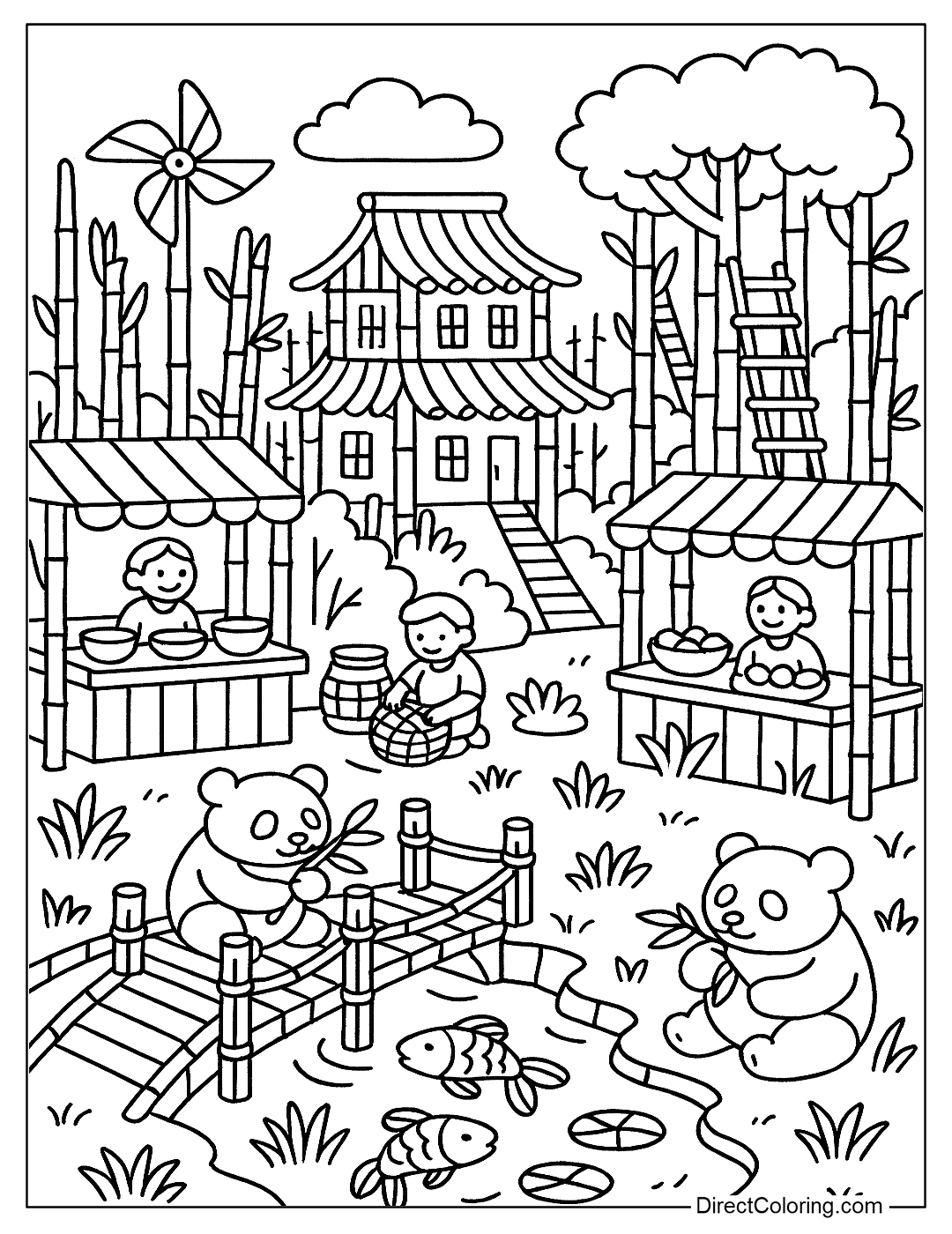 A city with bamboo buildings, suspension bridges, and bamboo ladders leading to the trees coloring