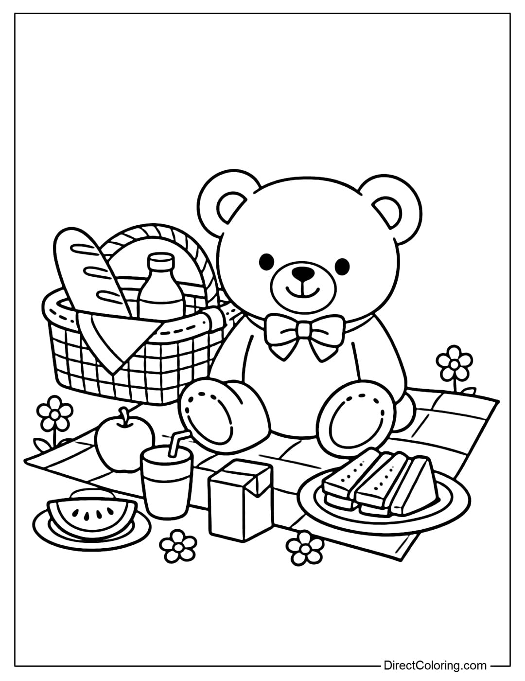 Coloring page of a teddy bear sitting on a picnic with a simple food basket.