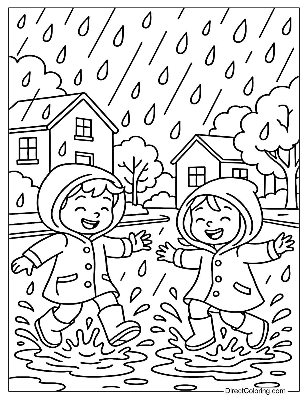 Coloring page of two little friends wearing raincoats and rubber boots, jumping into large puddles on the road; water splashing up, rain falling in large drops; surrounded by a small street scene with houses and trees.