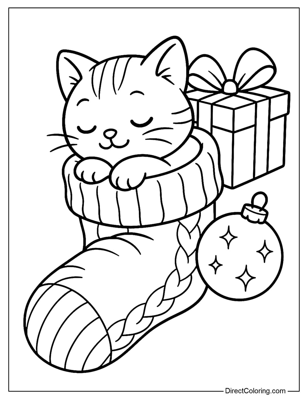 Kitten Christmas Stocking Coloring Page Coloring Page A kitten curled up and asleep in a wool stocking, surrounded by a gift box and a sparkling bauble.