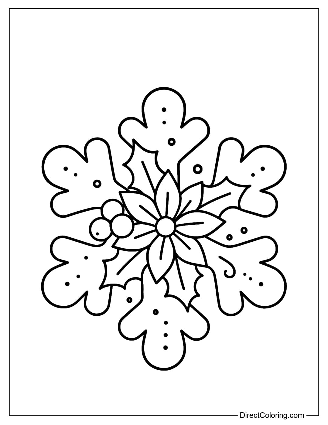 A coloring page of a snowflake in the style of a Christmas cookie, with a rounded border, a poinsettia in the center, holly leaves, and a few berries.