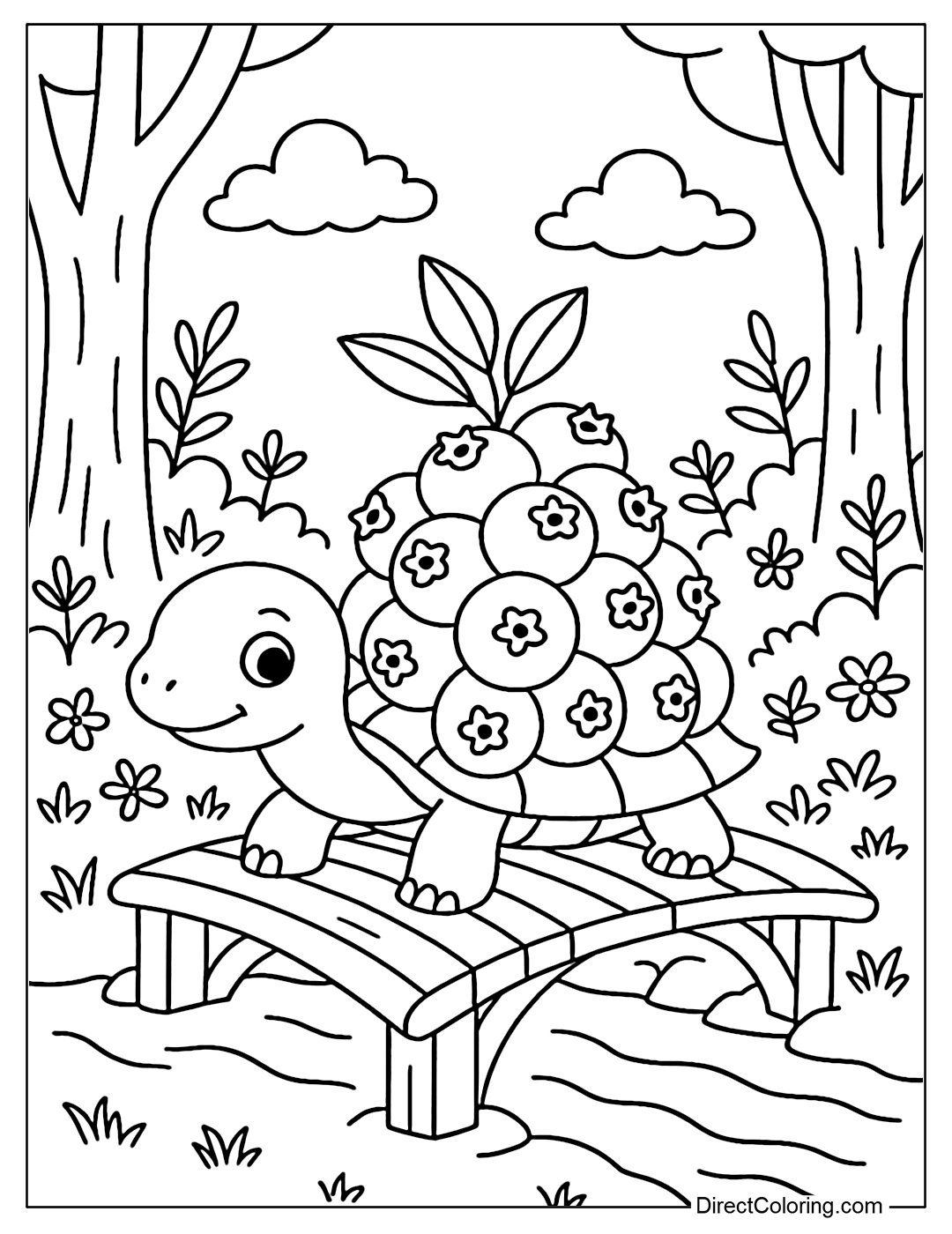 A turtle coloring page with a shell made of blueberries, slowly crawling across a wooden bridge in a small forest.