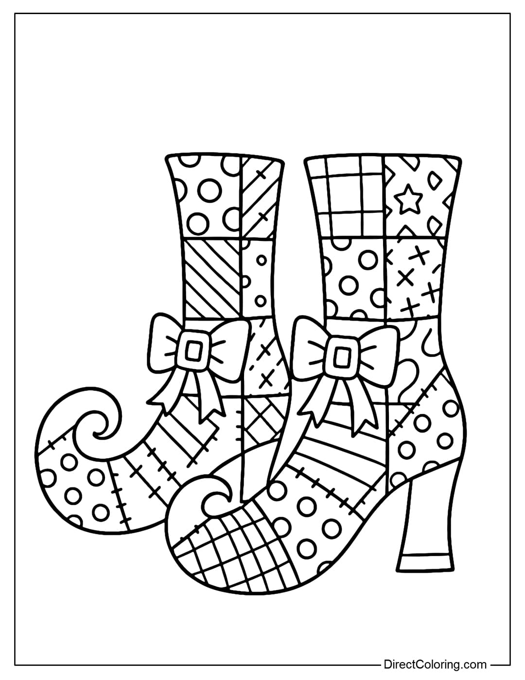 A witch shoes coloring page with curved toes, the body of the shoe is divided into patchwork panels, with a bow lock.