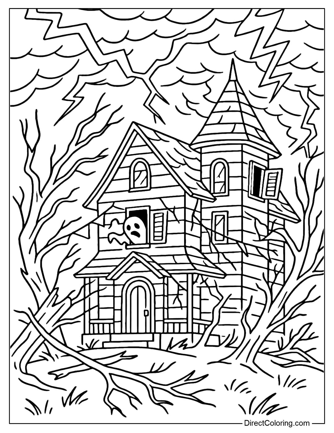A haunted house coloring page in a storm, with lightning flashing in the sky, trees falling, and windows banging.
