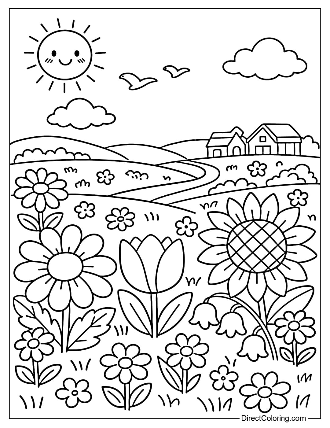 A simple coloring page of a large flower field with clearly visible, large flowers.