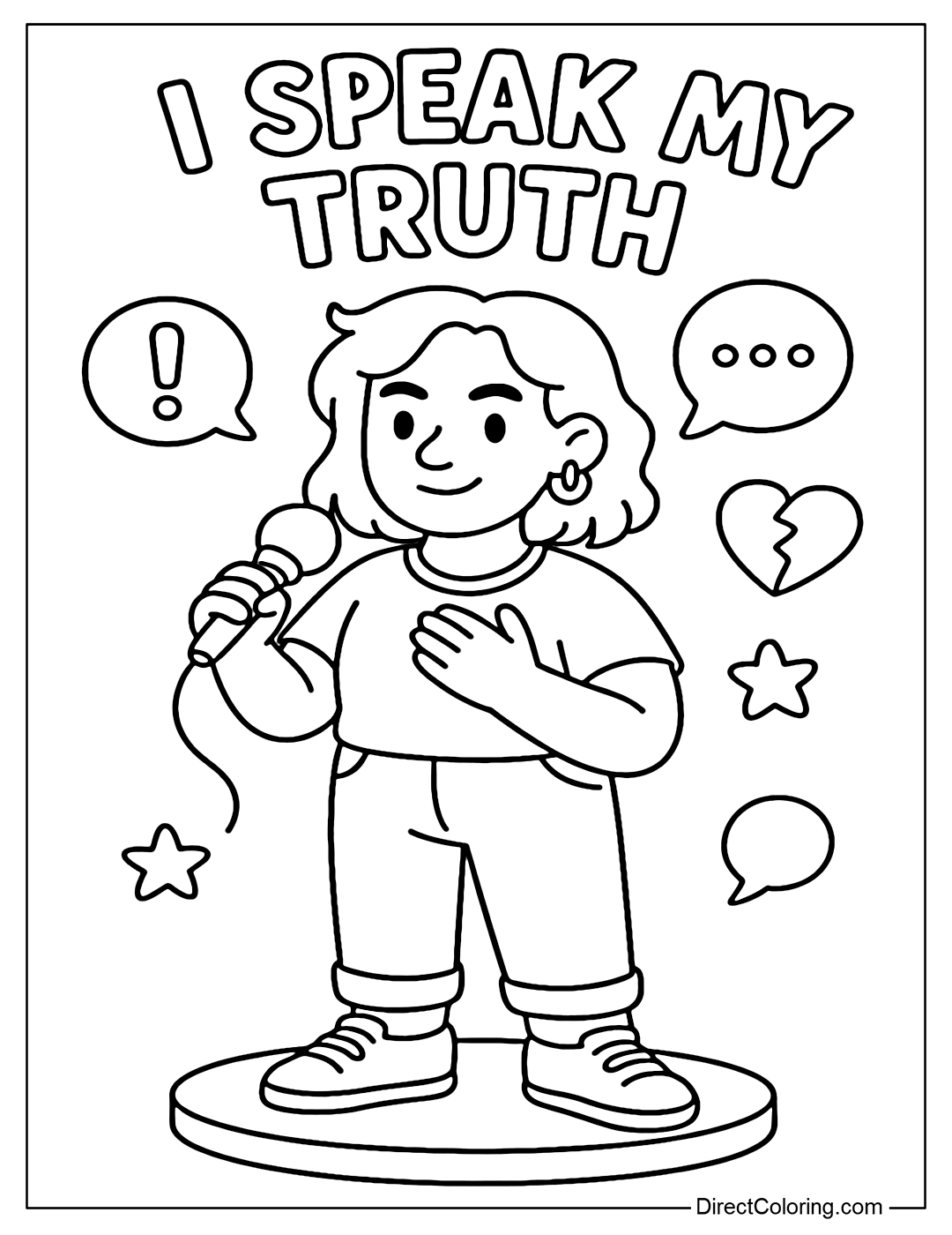 Coloring page of a genderless character standing on a small podium, holding a microphone or placing her hand on her heart, her eyes filled with determination.