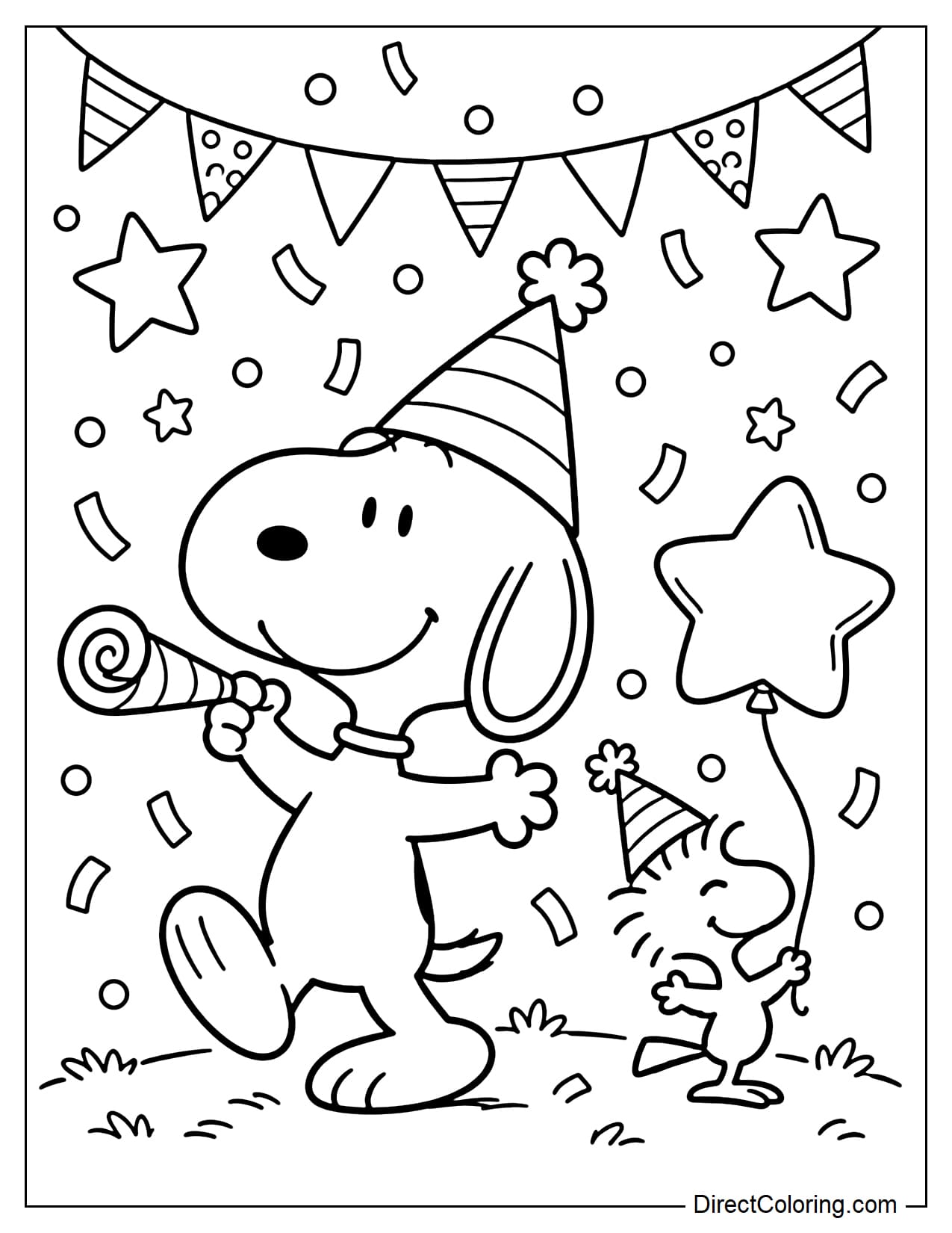 Snoopy and Woodstock happily celebrate the New Year. Snoopy wears a party hat, holds a party blower, and waves cheerfully. Woodstock stands beside him, wearing a small party hat and holding a star-shaped balloon.