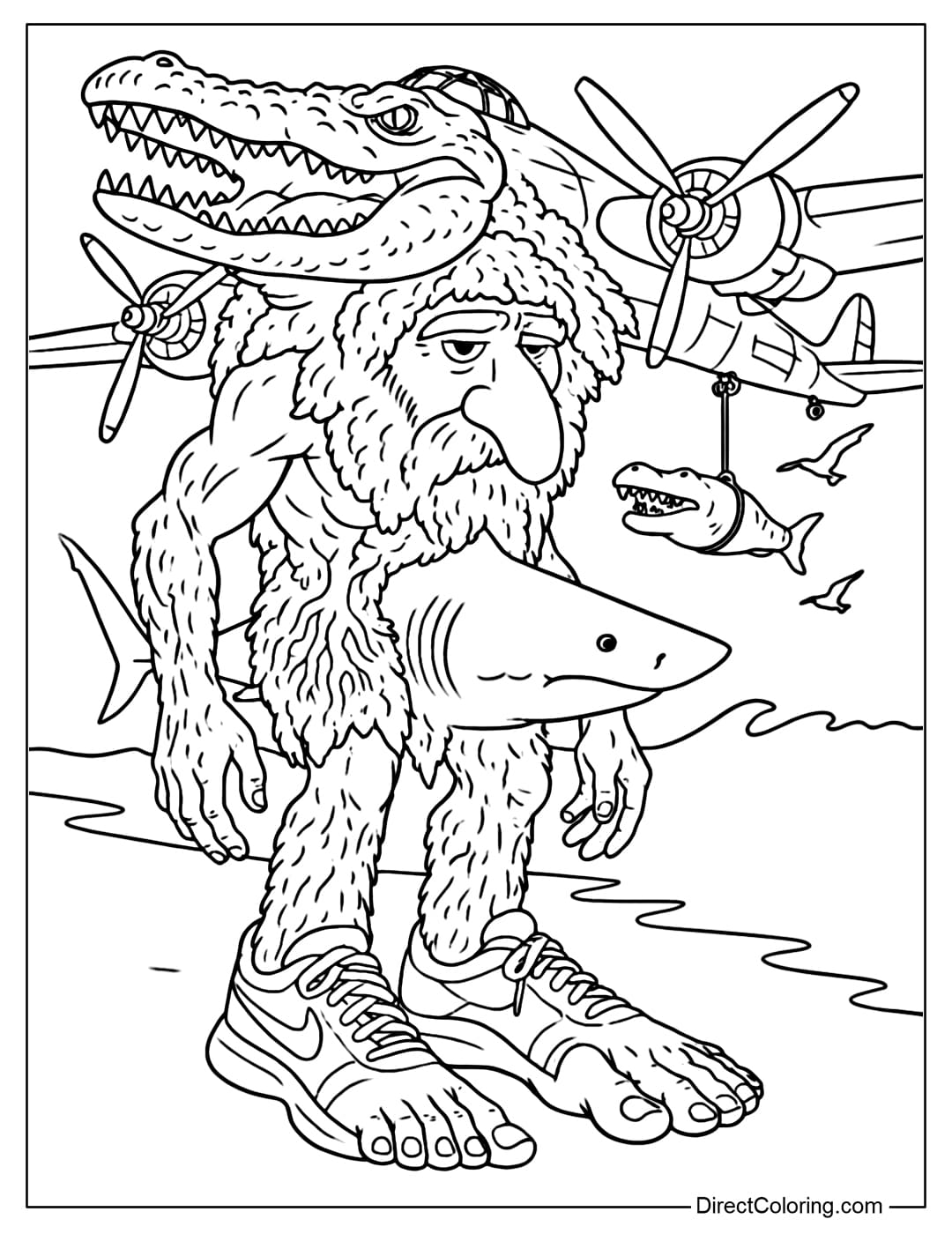 Italian Brainrot Character Coloring Page, combining three famous characters Bombirdi Crocodilo, Tralala Tralala, Brarr Patta Pim.