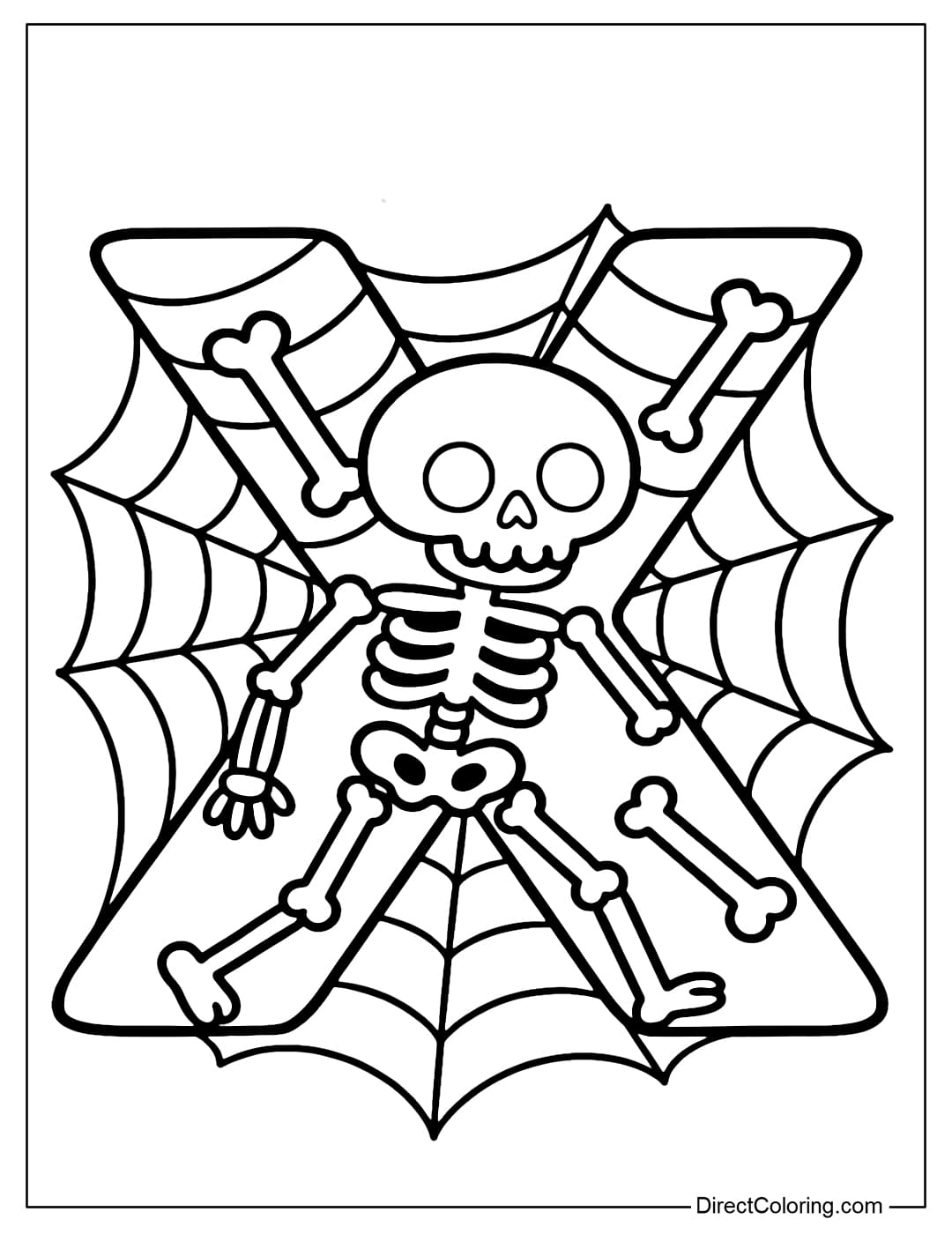 The letter X coloring page shows a small skeleton inside, the bones are drawn in a lovely stylized way, the outer border is a spider web.