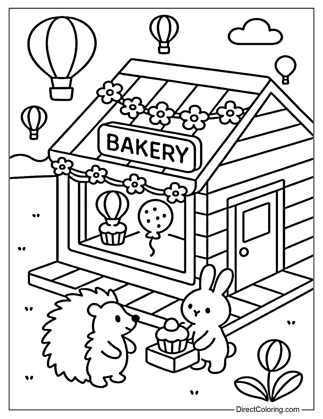 Isometric hot air balloon festival bakery coloring page, hanging flower vine; hedgehog and rabbit buy cake; through the glass see hot air balloon cupcake, balloon shaped cookie.