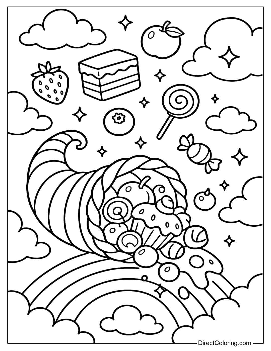 A Cornucopia coloring page in dreamland, where the horn spills candy, cakes and glowing fruits, floating among cotton clouds and rainbows.