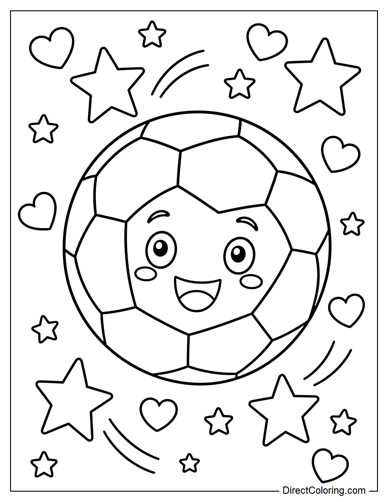 A soccer ball with a cheerful smiley face surrounded by a few stars and sports hearts.