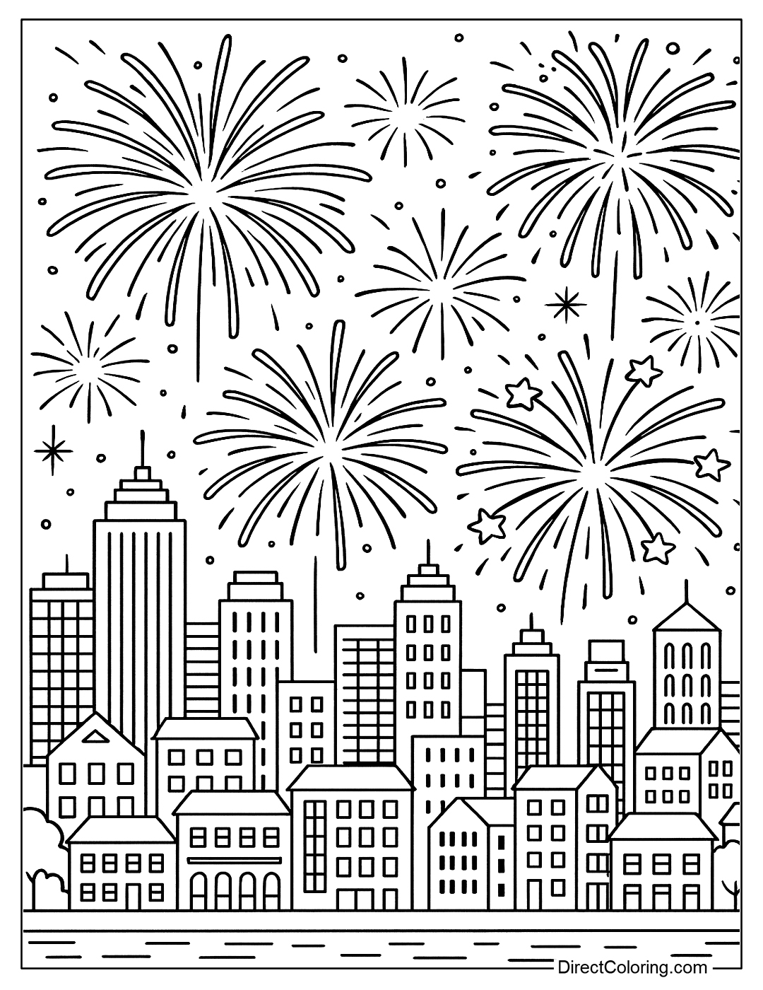 A detailed night city coloring page with fireworks exploding in many bright layers