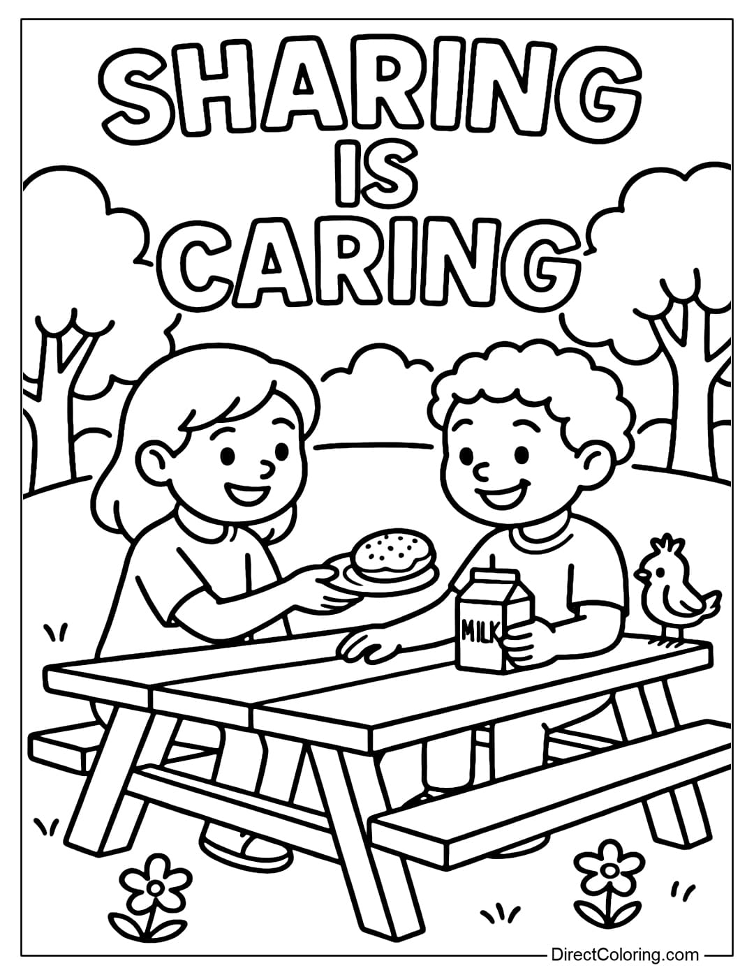 A coloring page of two children sharing cookies and milk at a picnic table in the park.