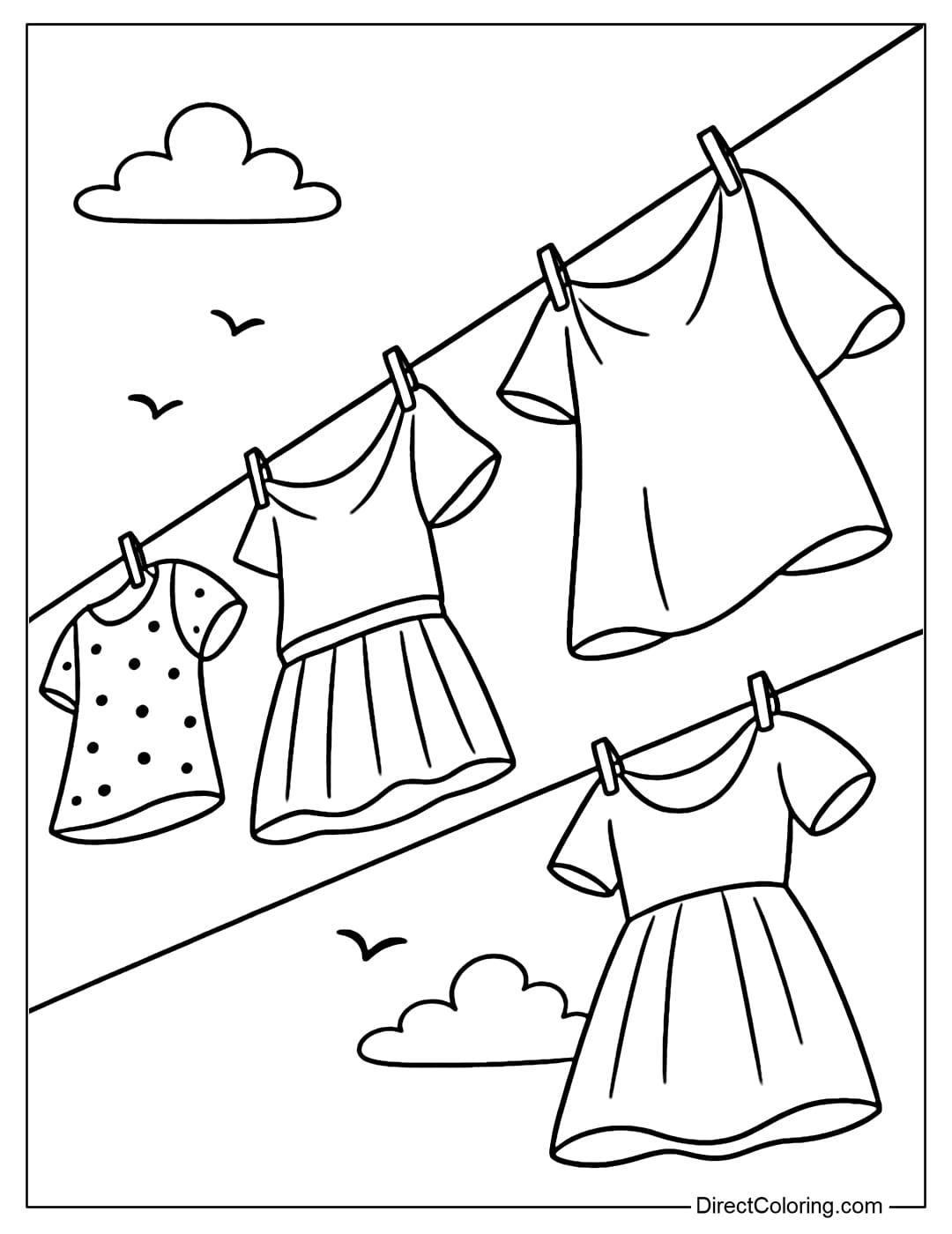 Coloring page from the yard looking up, the clothesline near the eye is full of hanging shirts, skirts, and scarves flying in the wind.