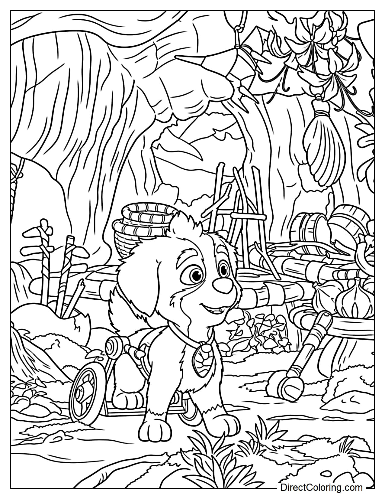 Rex stands in a busy jungle camp filled with baskets, tools, tropical plants, and hanging decorations as he looks around curiously from Paw Patrol: The Dino Movie.