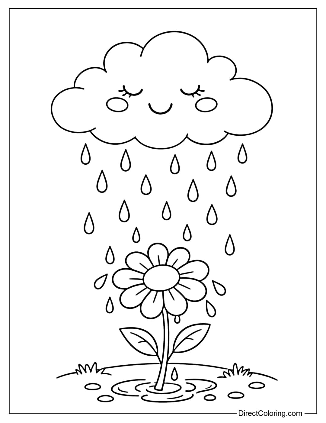 A coloring page for a cute cloud dropping raindrops onto a flower below.