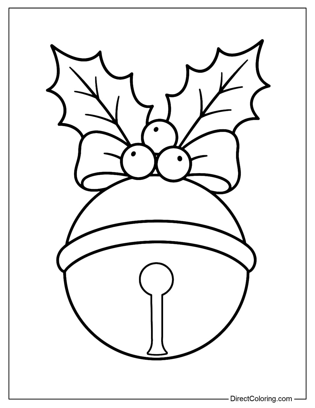 A large round Christmas bell coloring page, decorated with holly leaves, round berries and a small bow.