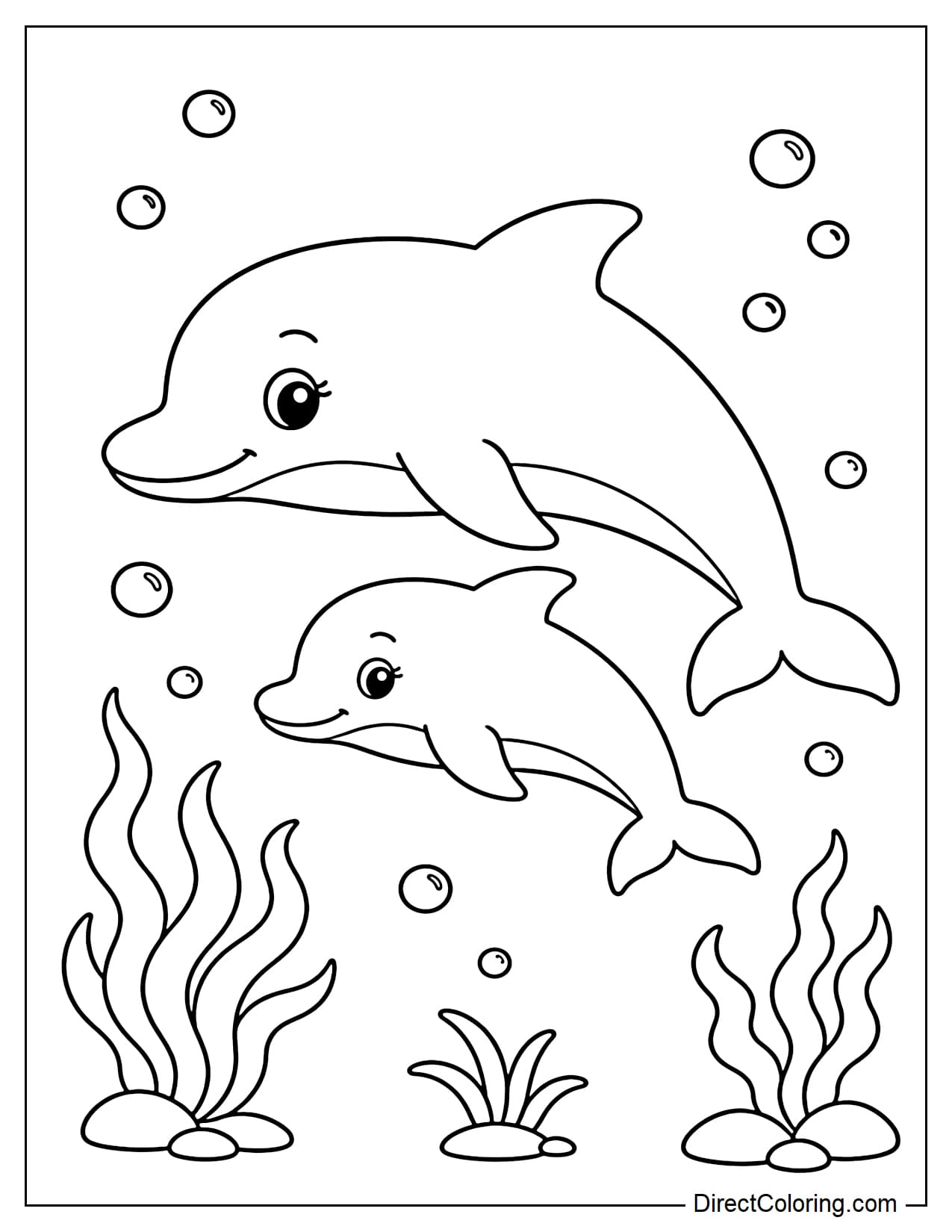 A mother dolphin and her baby dolphin are swimming side by side in calm water, surrounded by simple bubbles and seaweed.