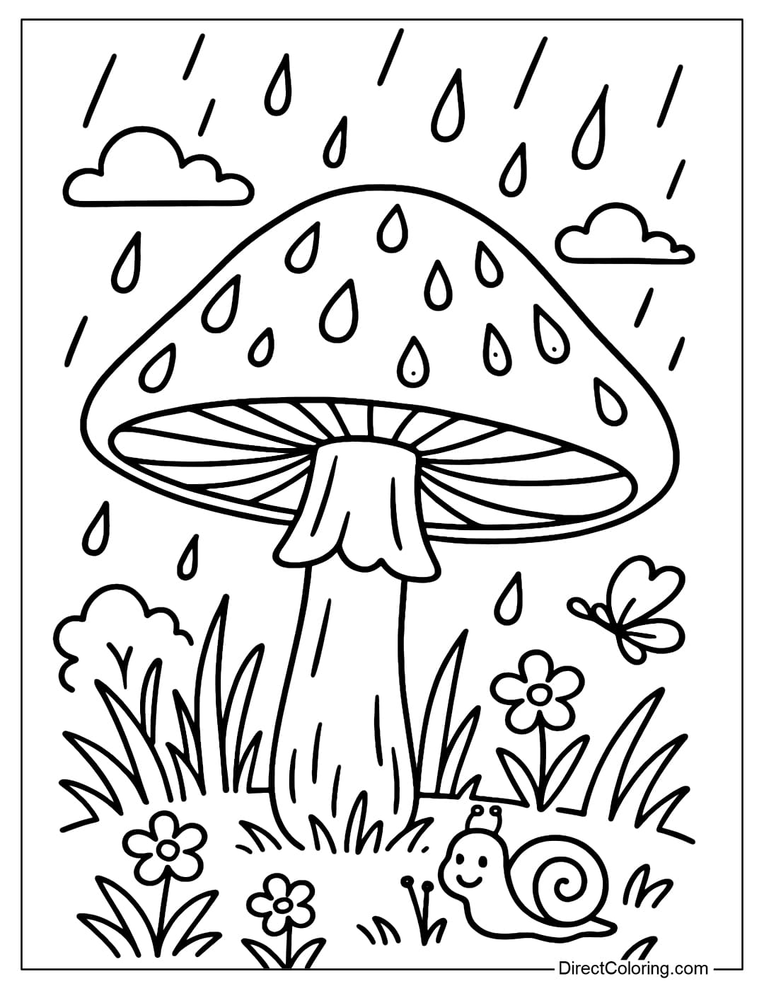 Rainy Mushroom Coloring Page A mushroom coloring page on a rainy day, with water droplets on the mushroom cap, and a small snail crawling slowly underneath
