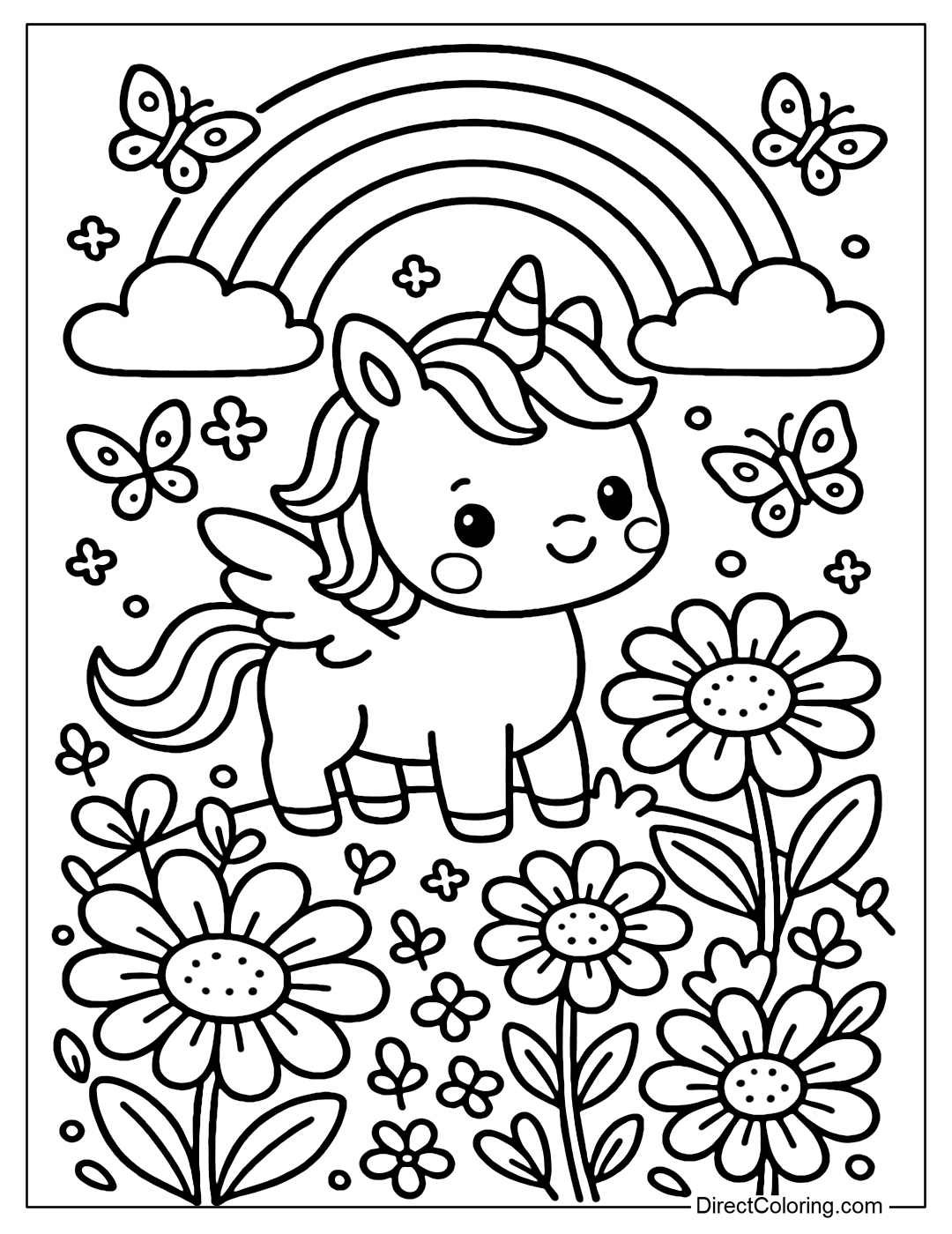 A little unicorn coloring page with fairy wings, standing in the middle of a giant wildflower field, surrounded by butterflies and rainbows.