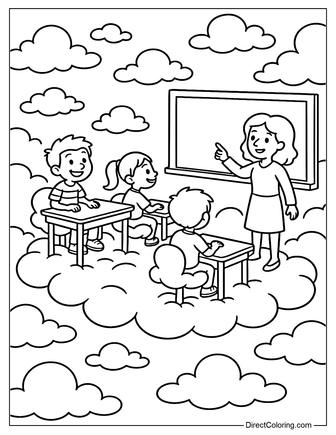 A classroom coloring page floating in the clouds, students sitting on chairs made of cotton.