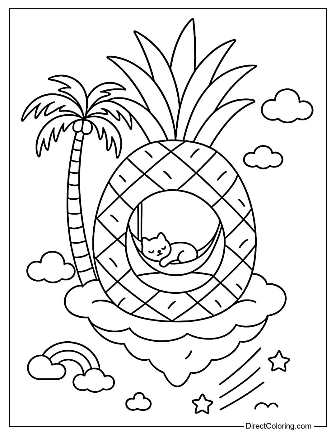 Coloring page A large pineapple like a mini island, floating in the sky, with a palm tree, a hammock and a sleeping cat.