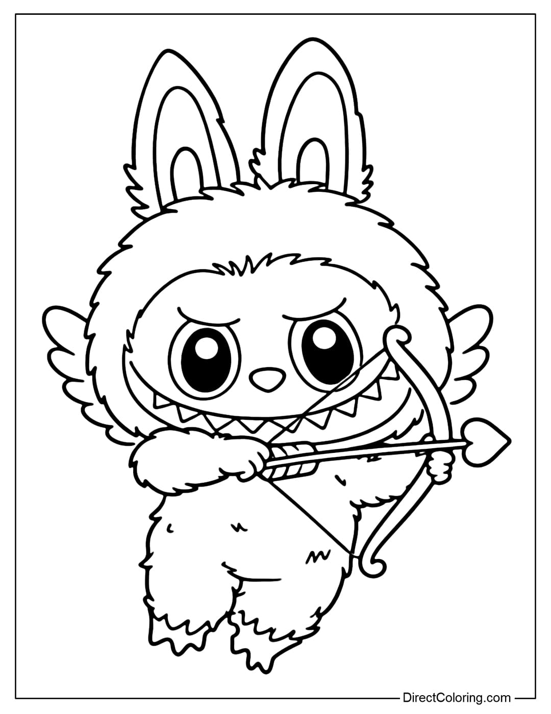 Labubu coloring page transforms into a cute version of Cupid, complete with simple little wings and a heart-shaped arrow.