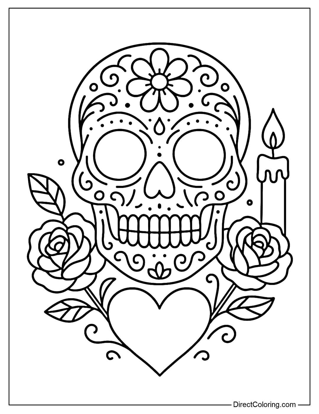 A Mexican skull coloring page decorated with blooming roses, soft spiral details covering the cheeks and forehead, giving a romantic, cheerful feeling.