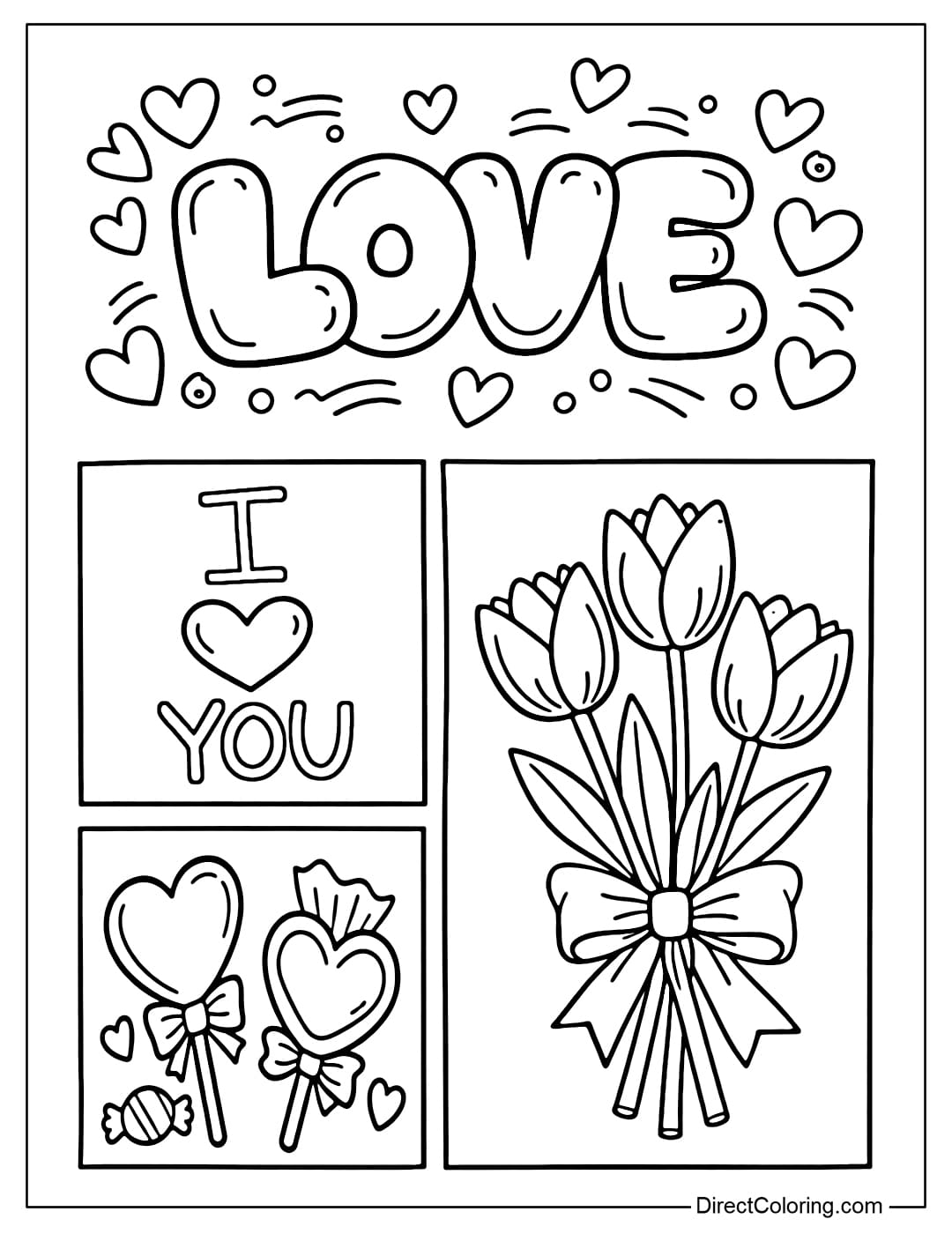 A Valentine's coloring page divided into 4 small picture frames: one frame with the word LOVE, one frame with 