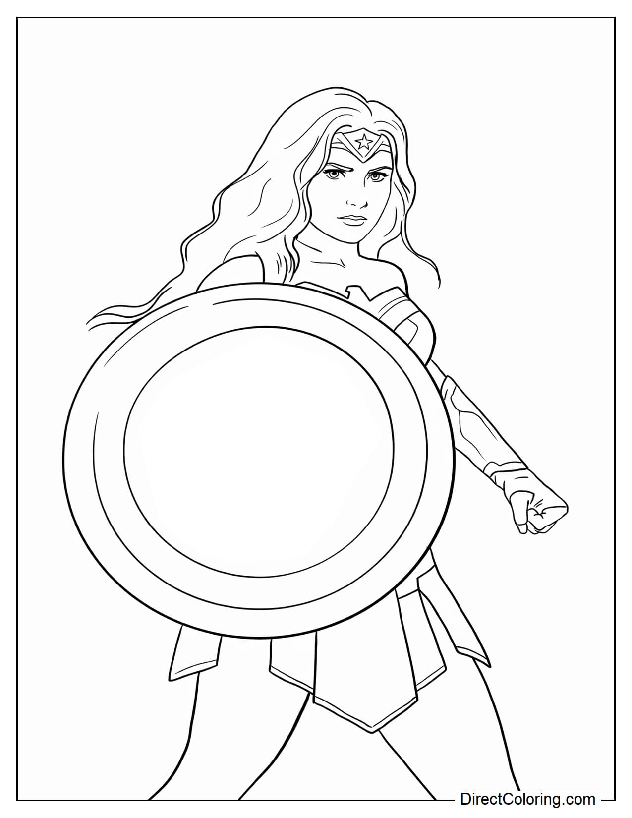 Wonder Woman leans slightly to one side, extending a large round shield forward with one arm in a defensive pose while stretching her other arm slightly backward for balance.